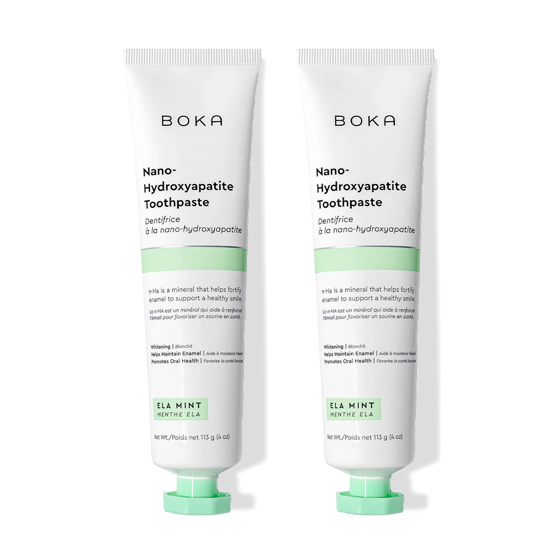 Two tubes of n-Ha Toothpaste 2-Pack to remineralize teeth, shown on a black background.