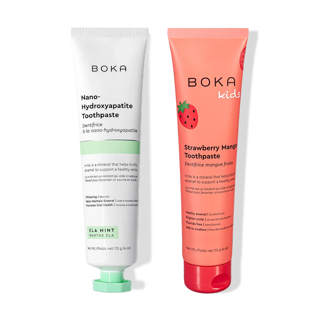 N-Ha Toothpaste 2-Pack: remineralizes teeth with Ela Mint (white) & Kids Strawberry Mango (red).