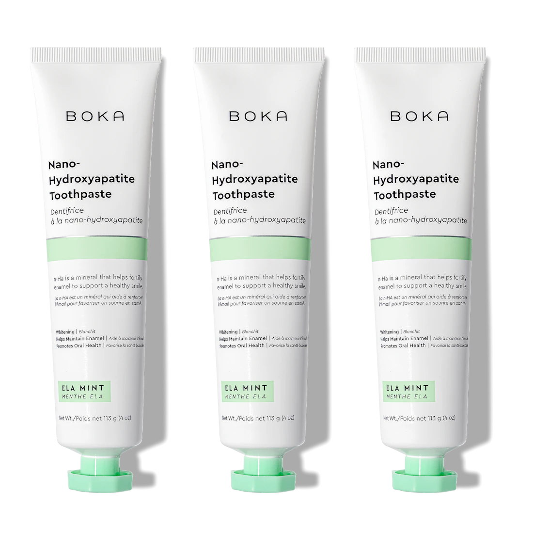 Three tubes of Ela Mint n-Ha Toothpaste, fluoride-free with nano-hydroxyapatite for oral health.