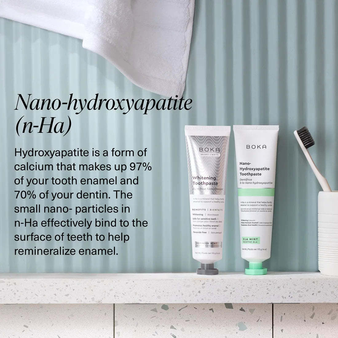 Two tubes of Refresh Mint Whitening n-Ha Toothpaste by the sink, great for sensitive teeth and whitening.