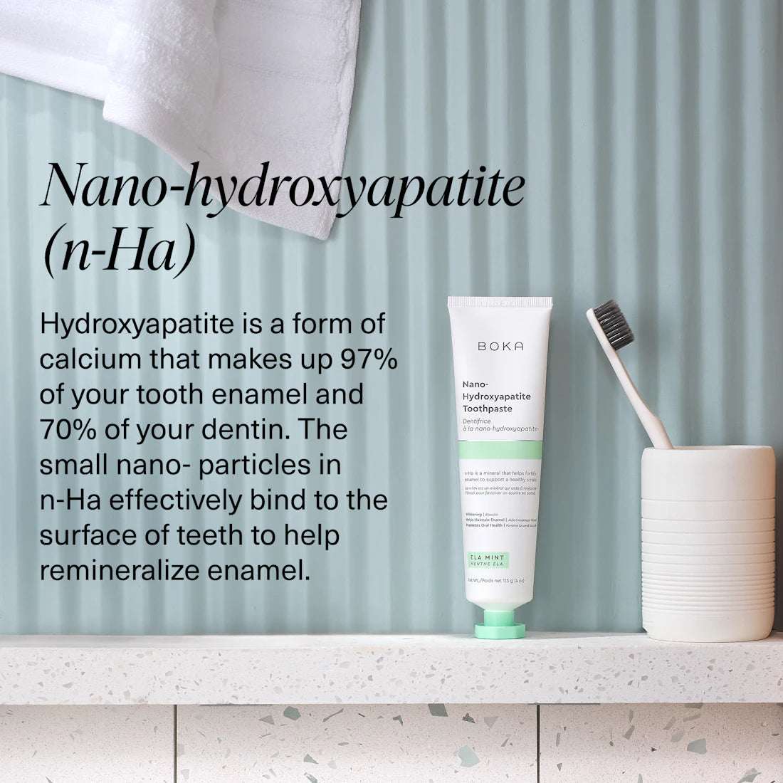 Ela Mint n-Ha Toothpaste, fluoride-free, features nano-hydroxyapatite for oral health benefits.