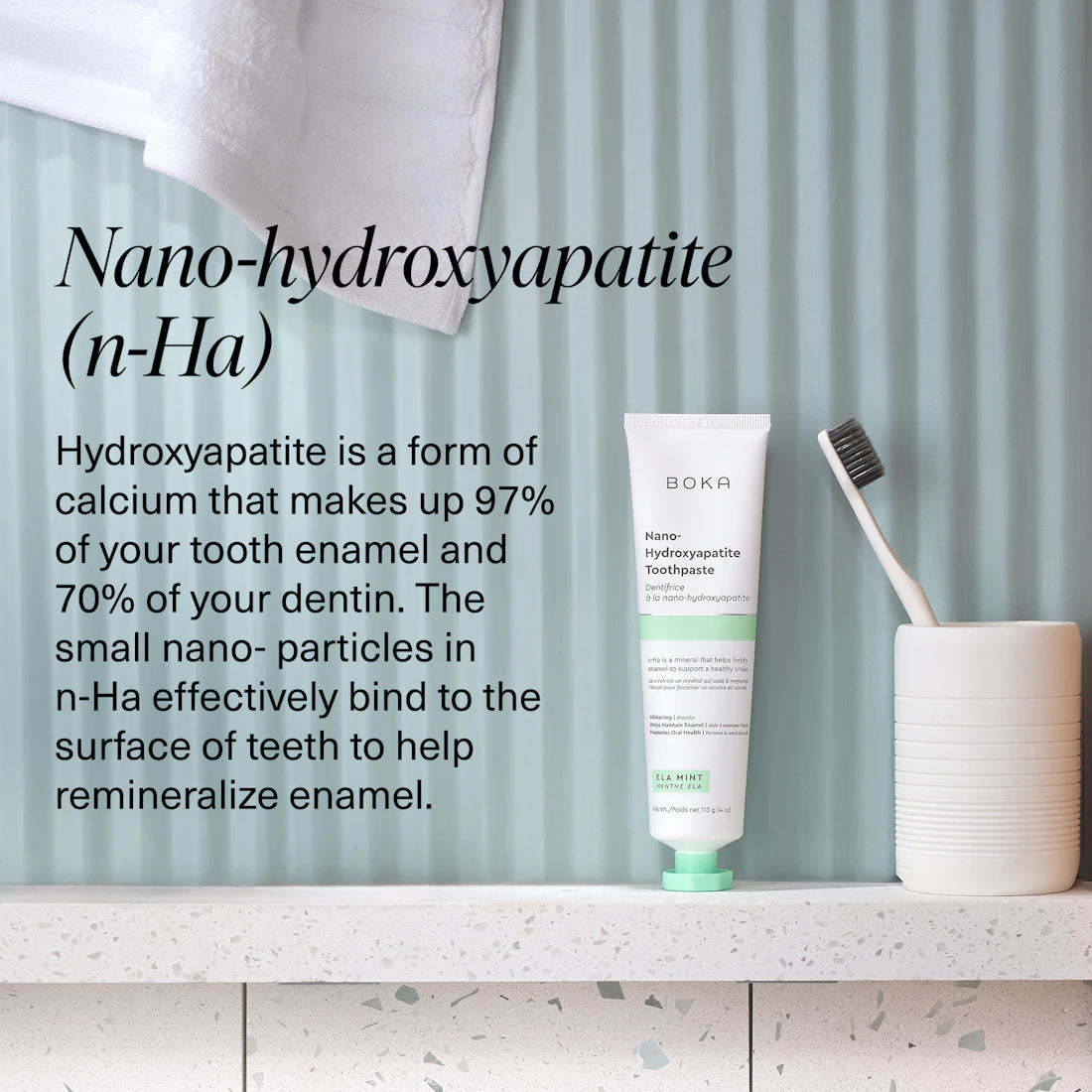 Ela Mint n-Ha Toothpaste, fluoride-free, features nano-hydroxyapatite for oral health benefits.