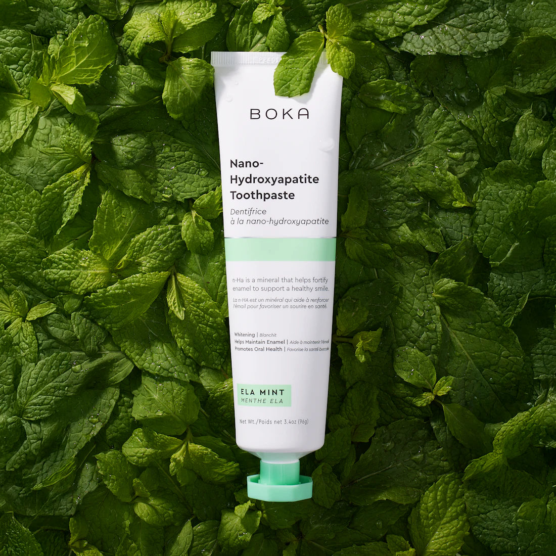 A tube of Ela Mint n-Ha Toothpaste, fluoride-free, on fresh mint leaves.