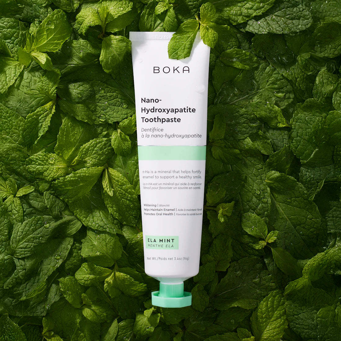 A tube of Ela Mint n-Ha Toothpaste, fluoride-free, on fresh mint leaves.
