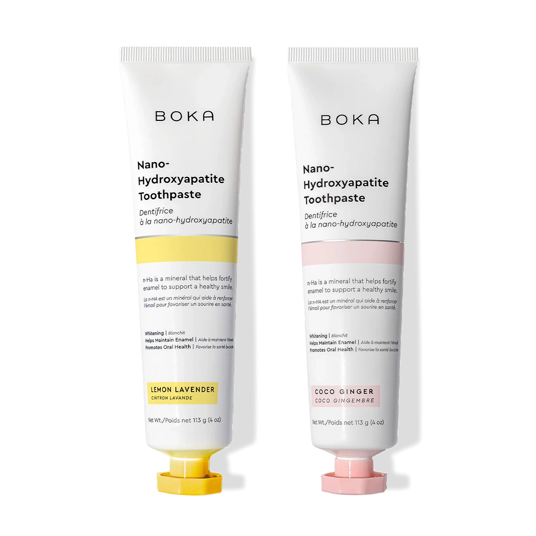 Two n-Ha Toothpaste 2-Pack tubes stand upright, crafted to strengthen and remineralize enamel.