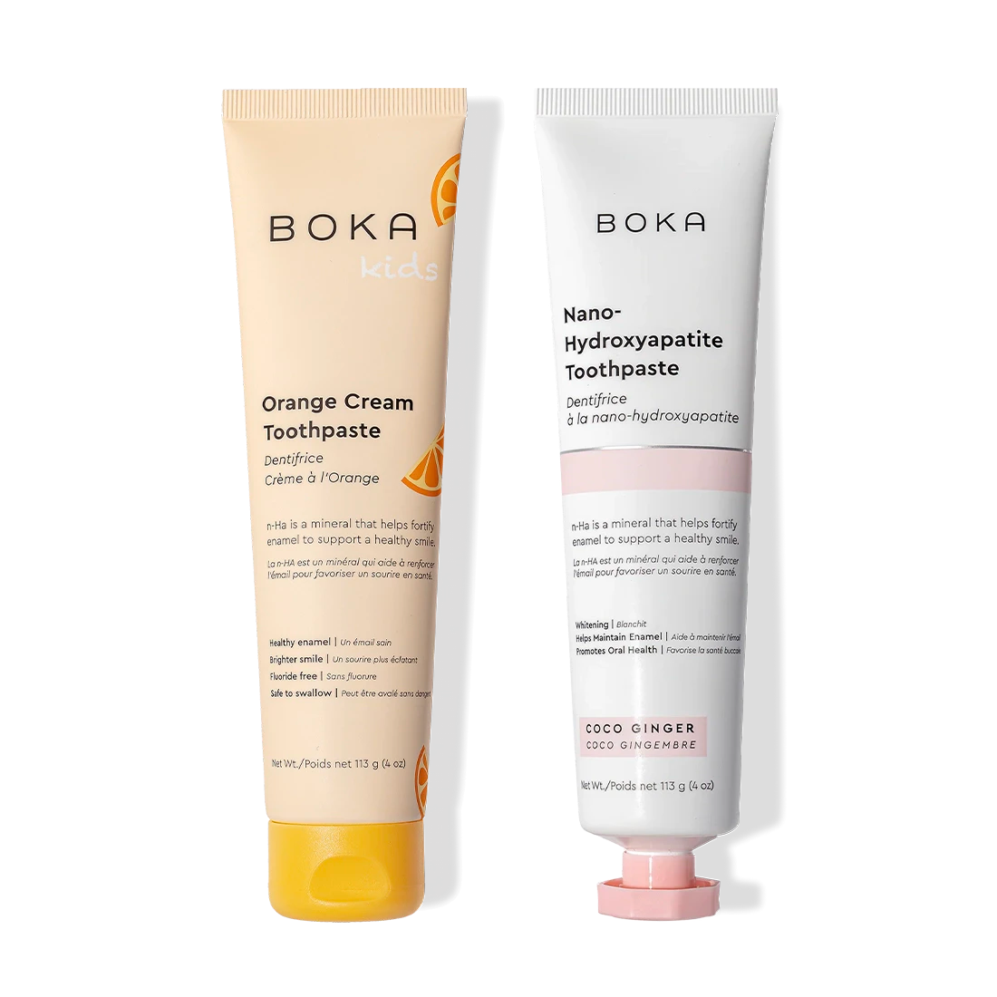 N-Ha Toothpaste 2-Pack: Orange Cream for kids and Coco Ginger to help remineralize adult teeth.