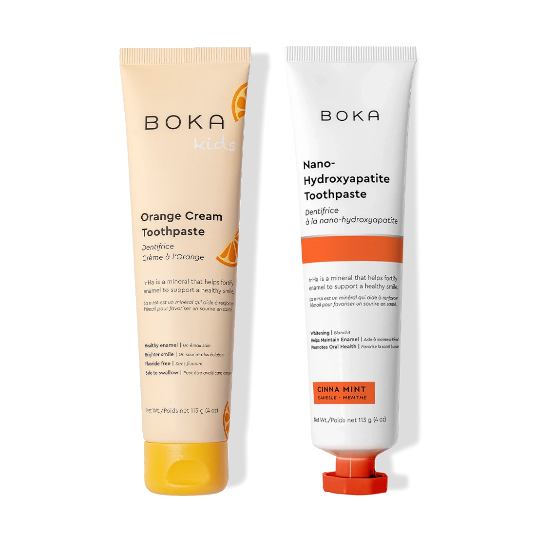 N-Ha Toothpaste 2-Pack: kids’ orange cream & cinna mint with nano-hydroxyapatite for strong enamel.