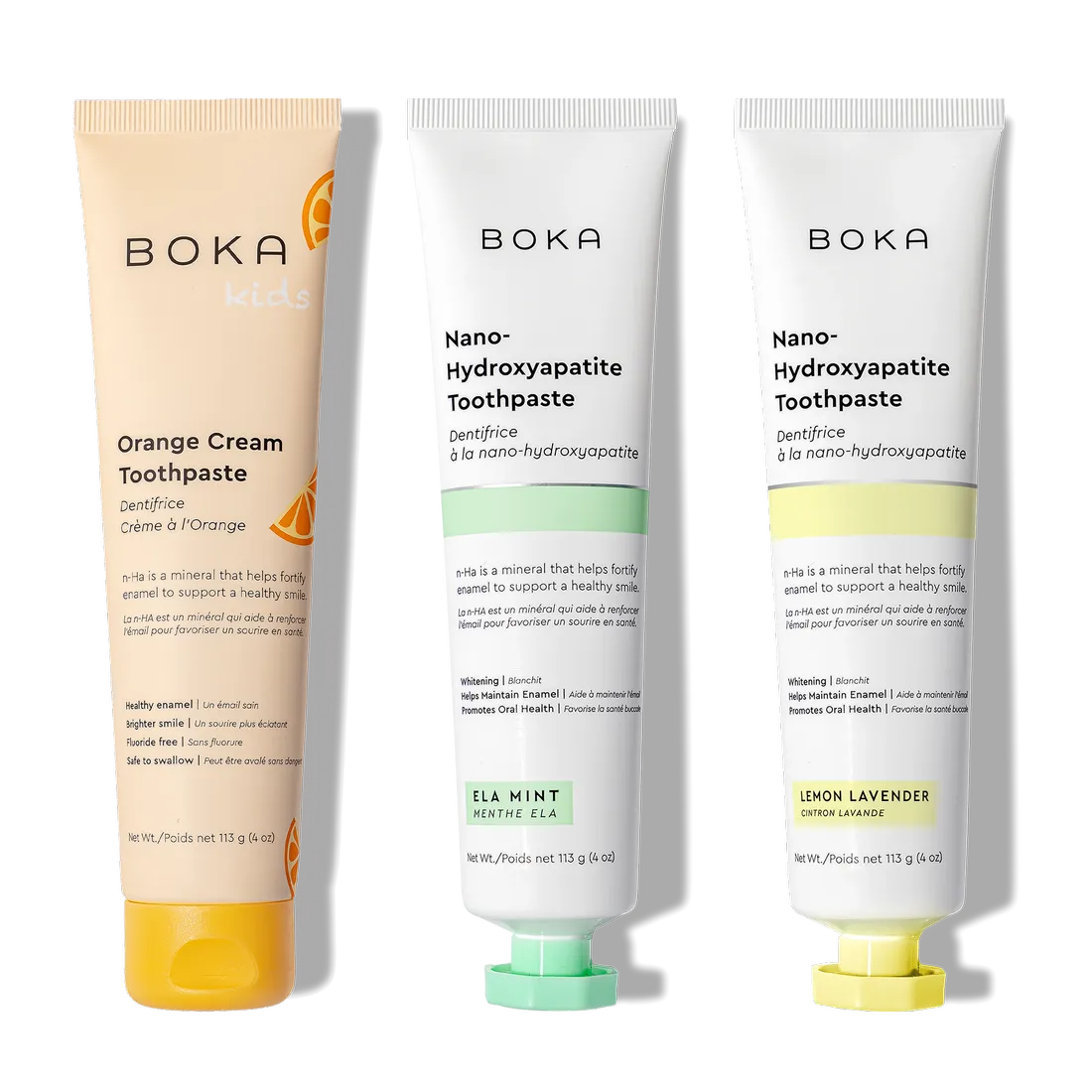 N-Ha Toothpaste Family 3 Pack: kid-friendly flavors with nano-hydroxyapatite for healthy brushing.