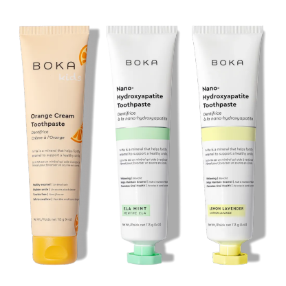 N-Ha Toothpaste Family 3 Pack: kid-friendly flavors with nano-hydroxyapatite for healthy brushing.