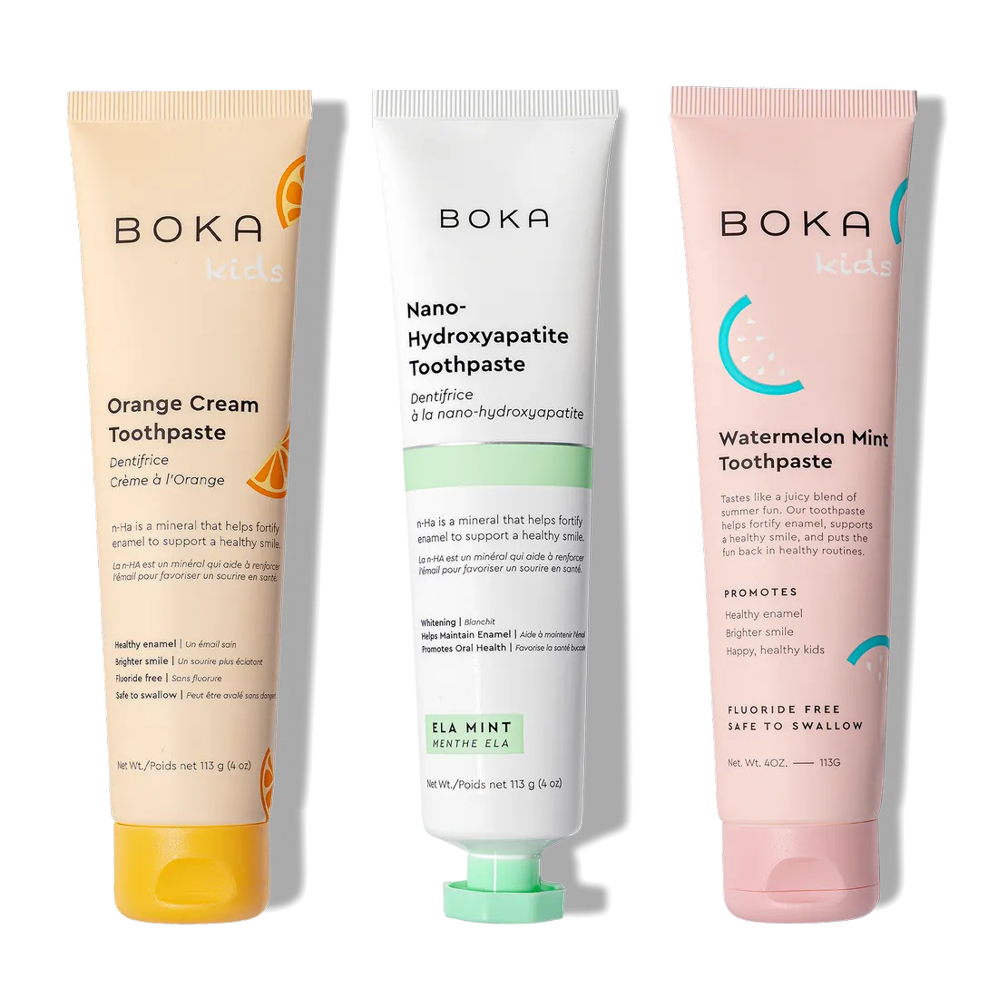 N-Ha Toothpaste Family 3 Pack: Orange Cream, Ela Mint & Watermelon Mint for healthy brushing habits.
