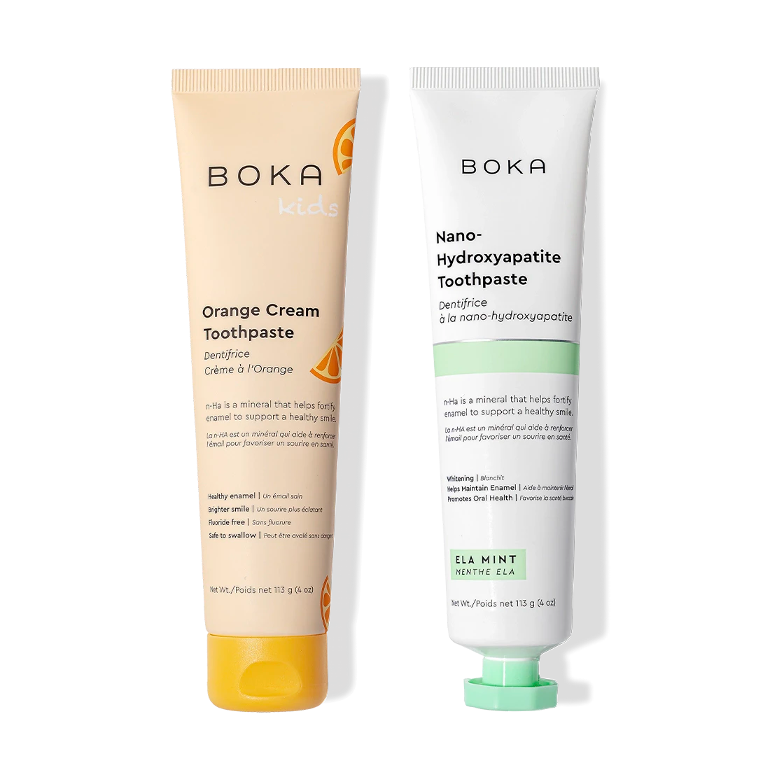 The n-Ha Toothpaste 2-Pack: orange for kids, white/green to strengthen enamel with nano-hydroxyapatite.