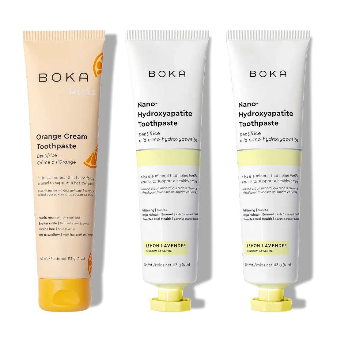 N-Ha Toothpaste Family 3 Pack: kid-approved Lemon Lavender & Orange Cream for healthy brushing.