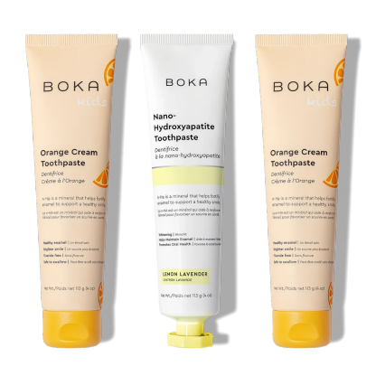 N-Ha Toothpaste Family 3 Pack: two Orange Cream (kids) and one Lemon Lavender nano-hydroxyapatite.