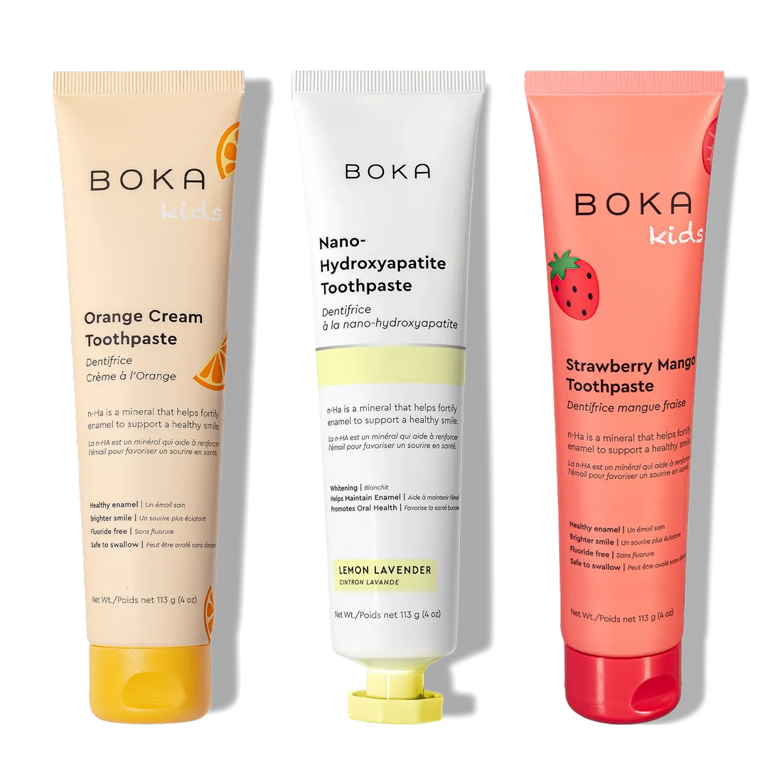N-Ha Toothpaste Family 3 Pack: kid-friendly flavors with nano-hydroxyapatite for healthy brushing.
