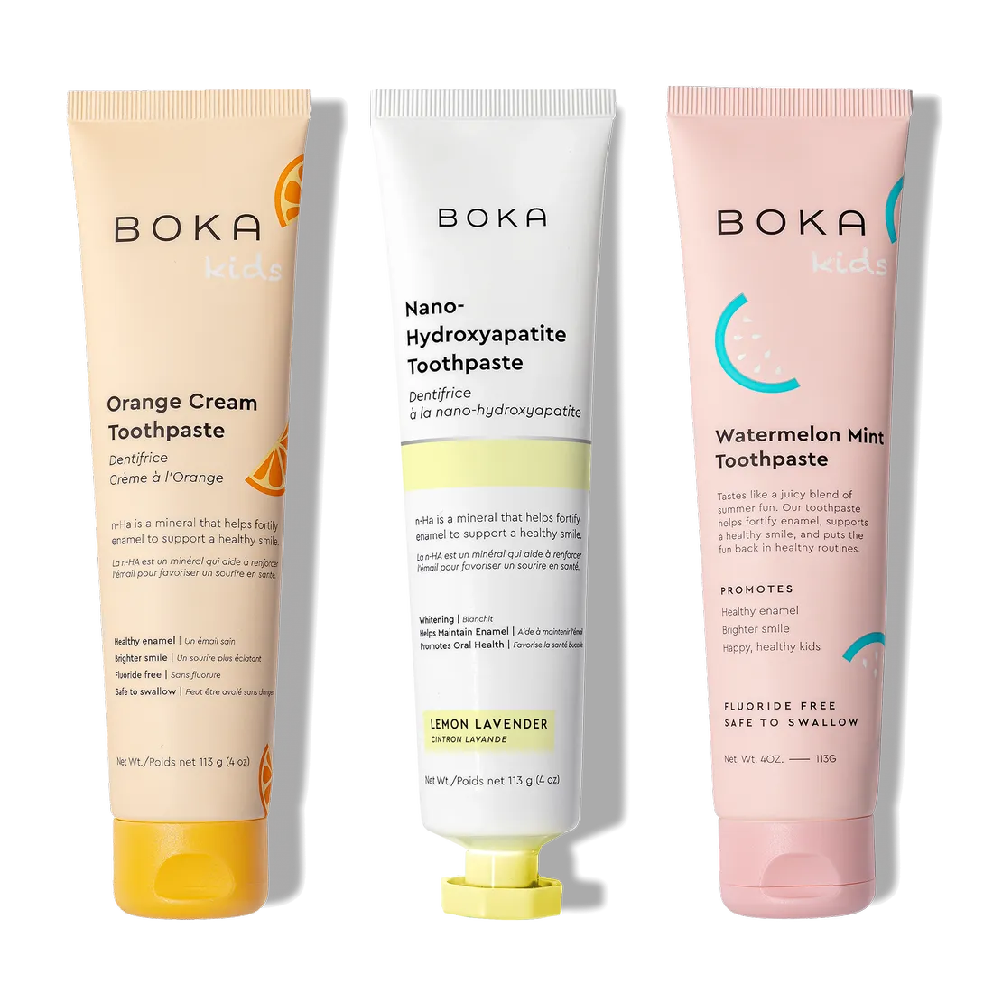 Three tubes of n-Ha Toothpaste Family 3 Pack in kid-friendly flavors encourage healthy brushing habits.