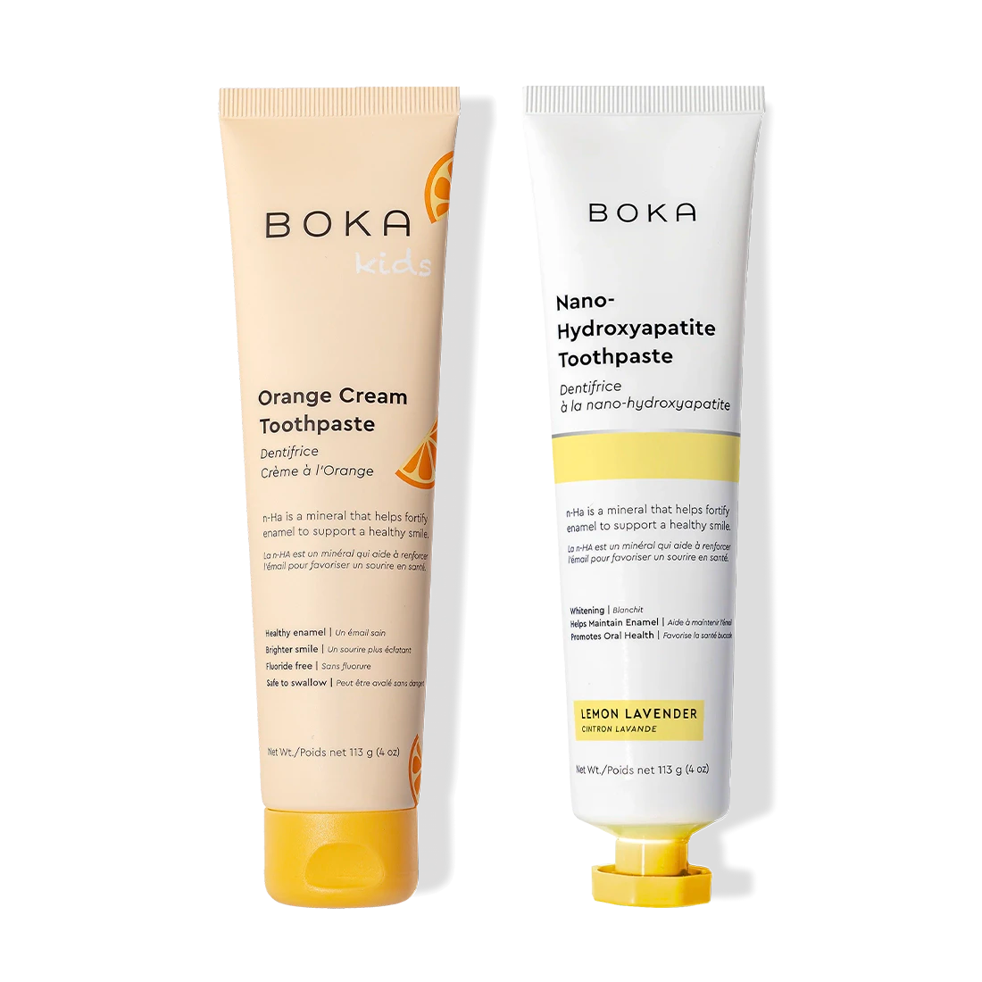 N-Ha Toothpaste 2-Pack: Kids’ Orange Cream and Lemon Lavender to fortify enamel.