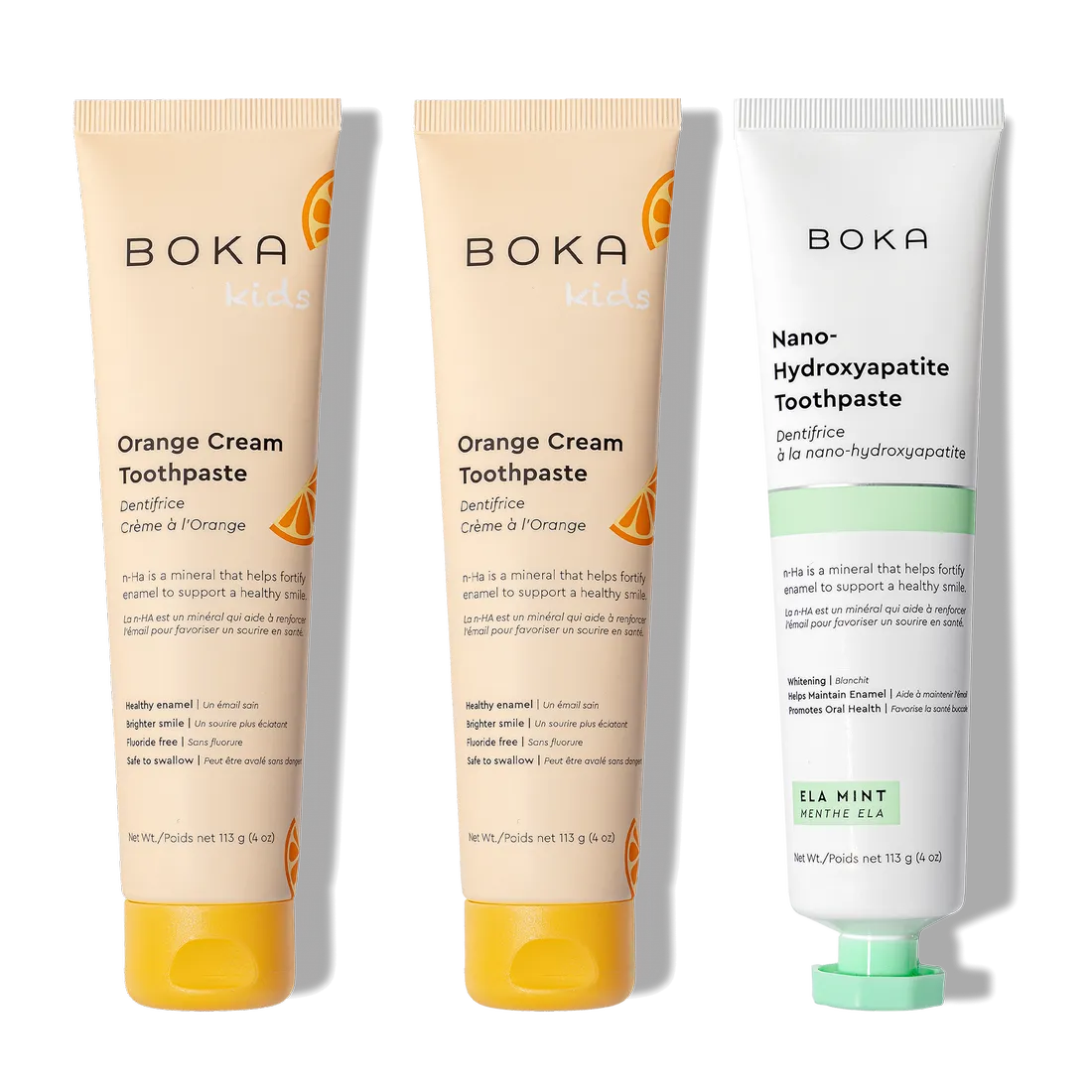 N-Ha Toothpaste Family 3 Pack: two kid flavors and one mint nano-hydroxyapatite for adults.