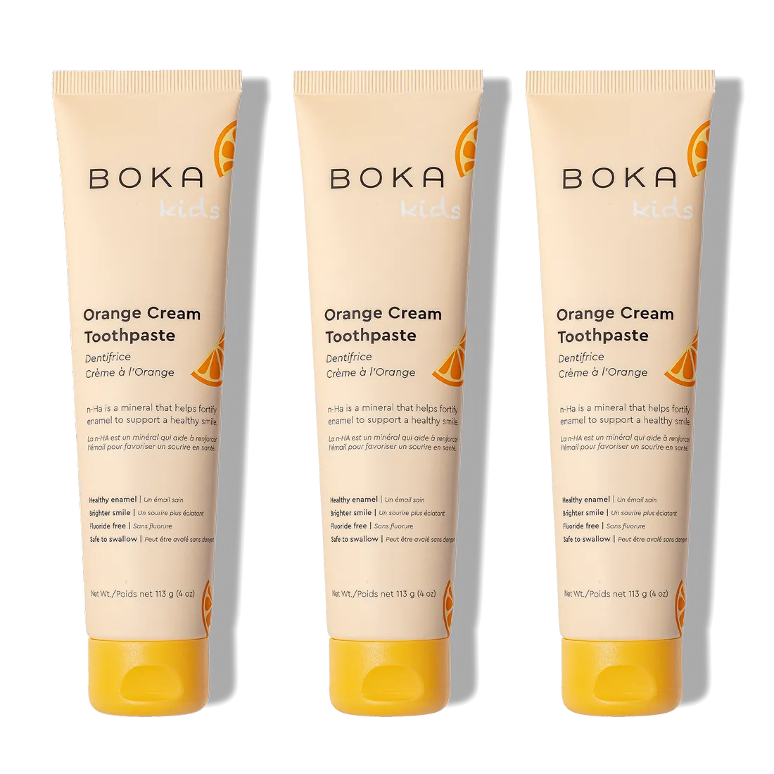 Three tubes of n-Ha Toothpaste Family 3 Pack with kid-approved flavors on a white background.