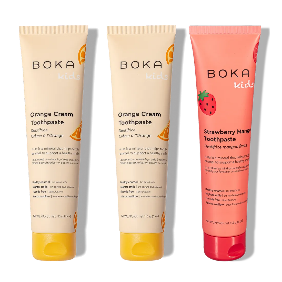 Three tubes of n-Ha Toothpaste Family 3 Pack, kid-approved flavors with nano-hydroxyapatite, upright.