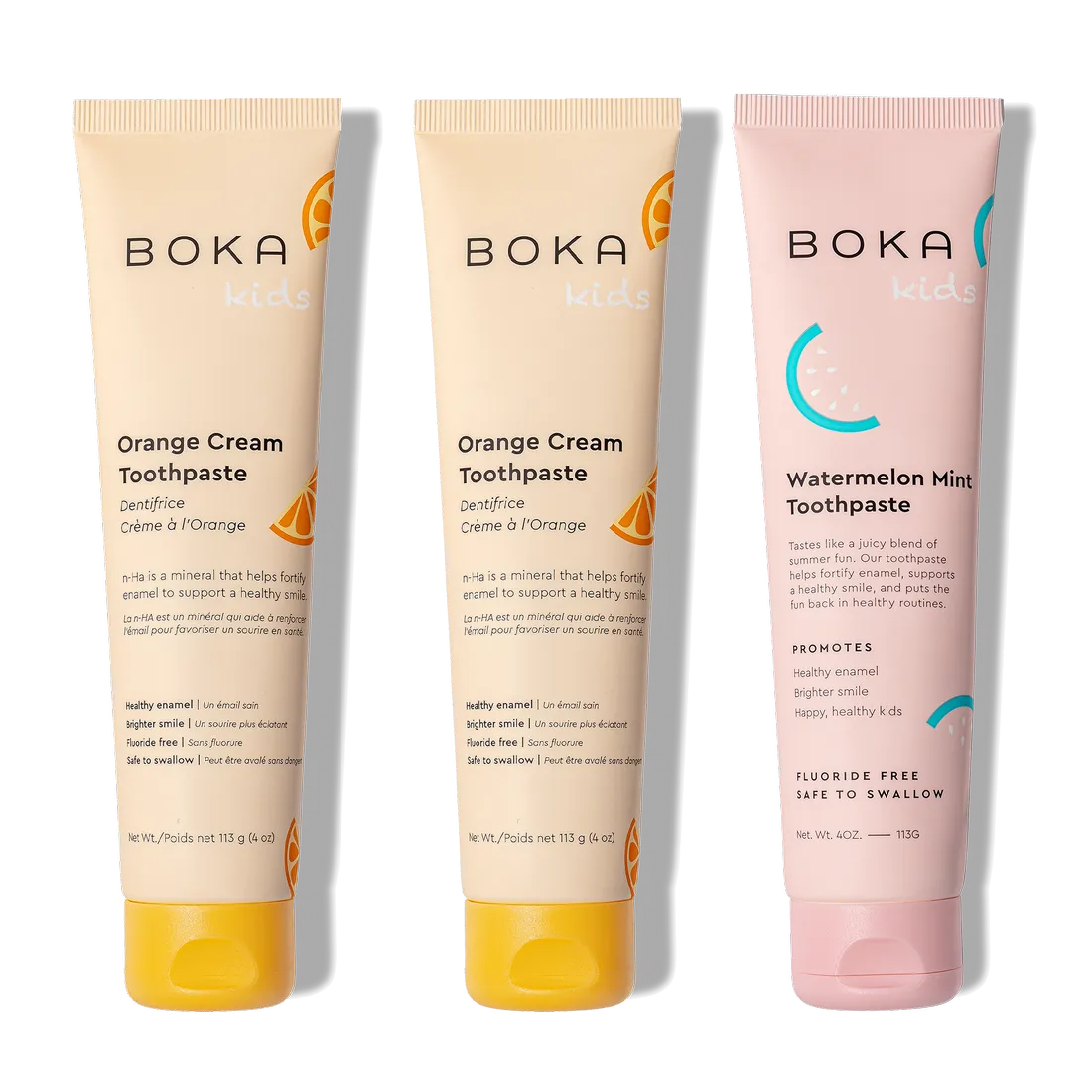 N-Ha Toothpaste Family 3 Pack: three kid-friendly tubes for healthy brushing, all standing upright.