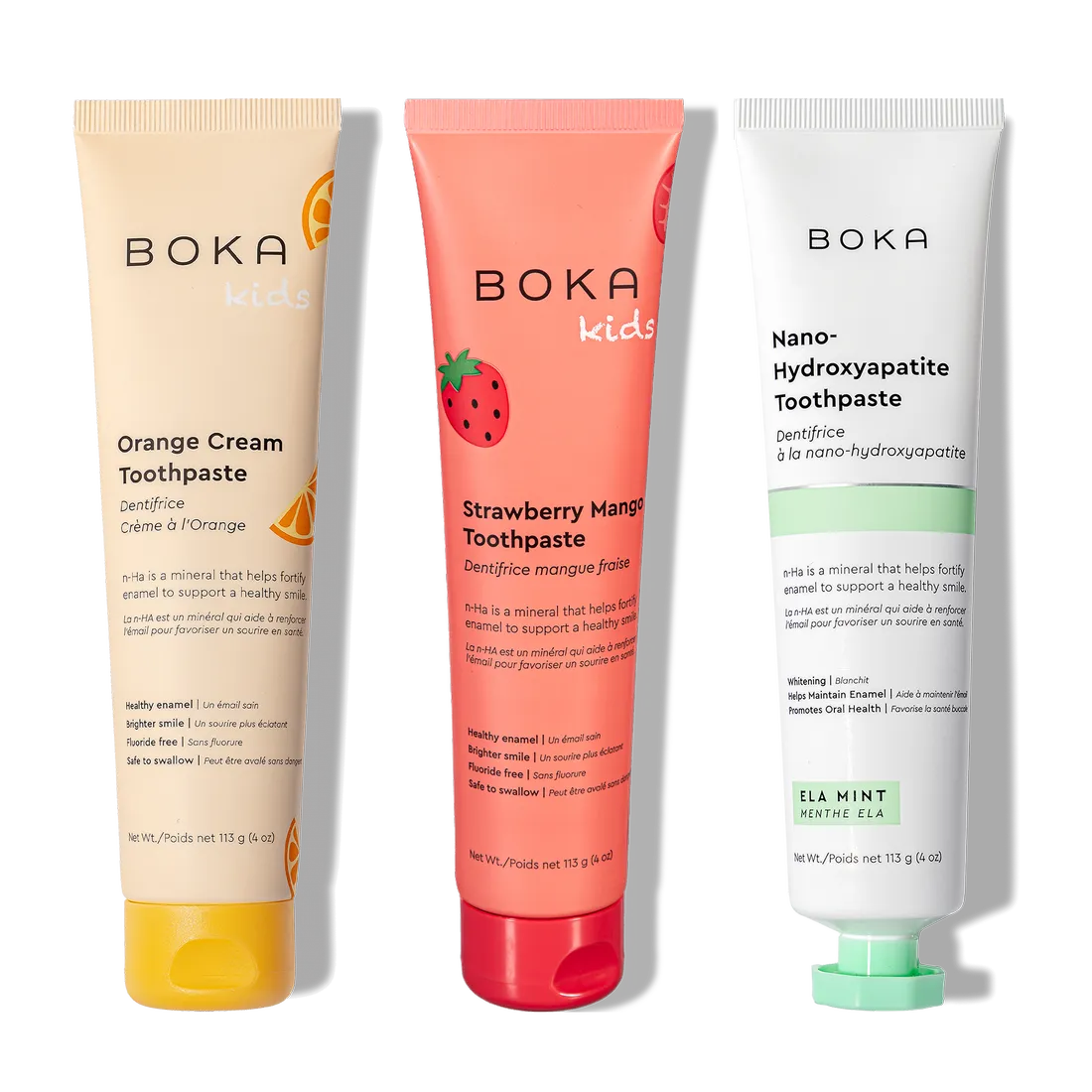 Three tubes of n-Ha Toothpaste Family 3 Pack in fun flavors to inspire healthy brushing habits for kids.