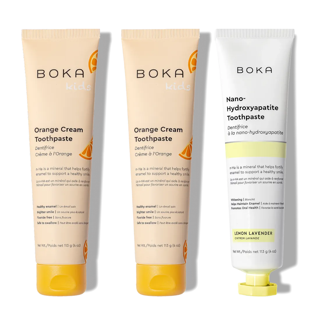 N-Ha Toothpaste Family 3 Pack: three kid-approved tubes with nano-hydroxyapatite for healthy smiles.