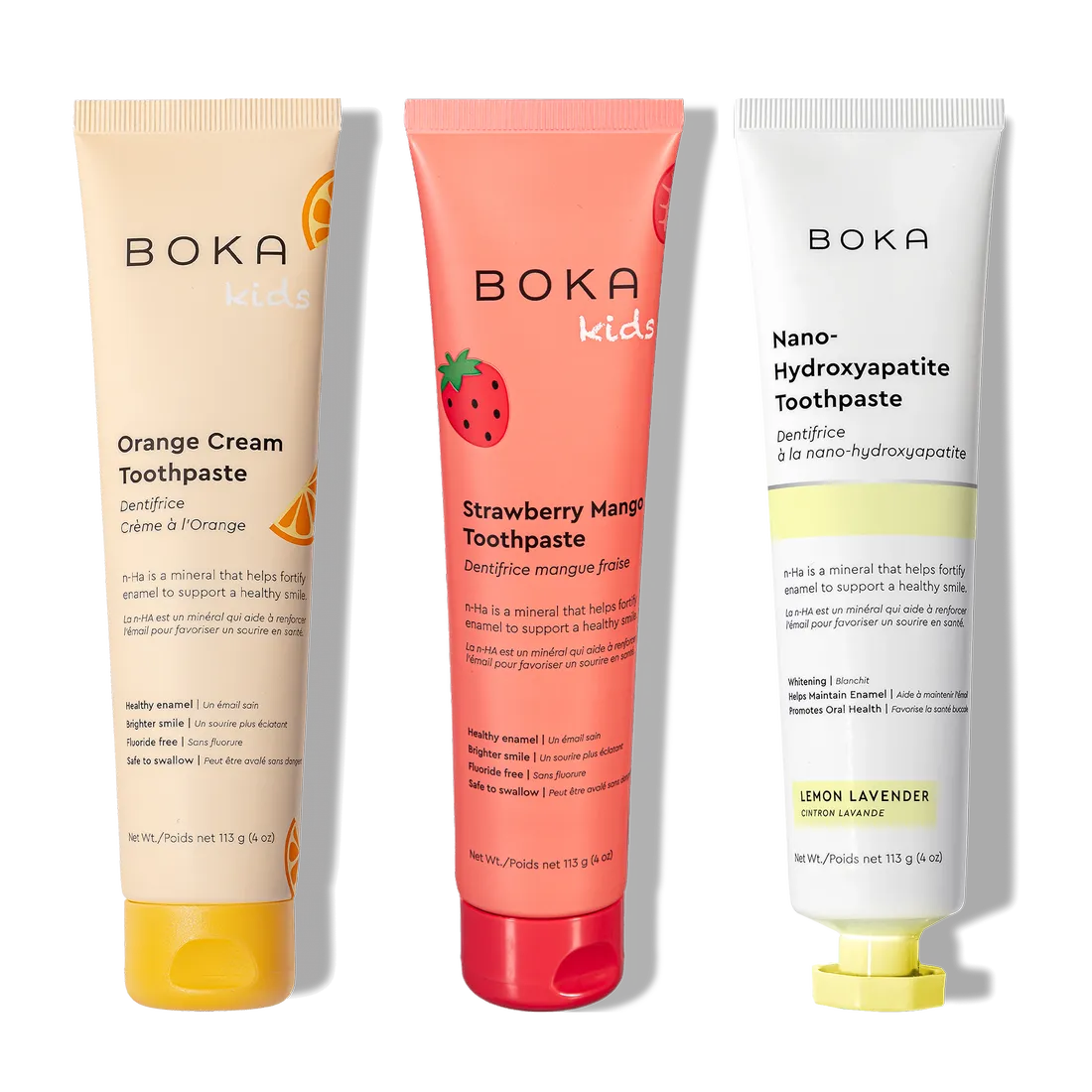 N-Ha Toothpaste Family 3 Pack: kid-friendly Orange Cream, Strawberry Mango & Lemon Lavender flavors.