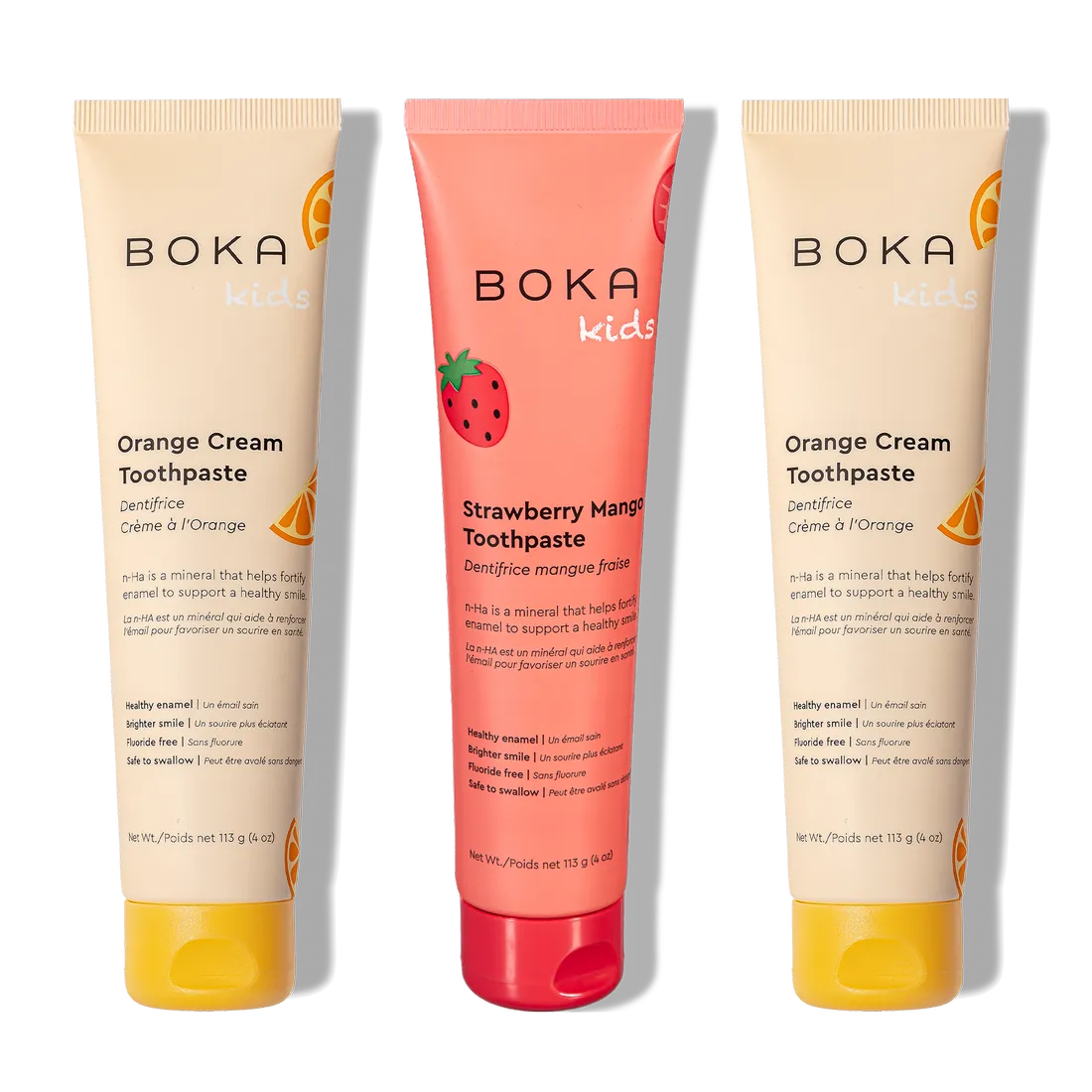 Three tubes of n-Ha Toothpaste Family 3 Pack with kid-approved flavors for healthy brushing habits.