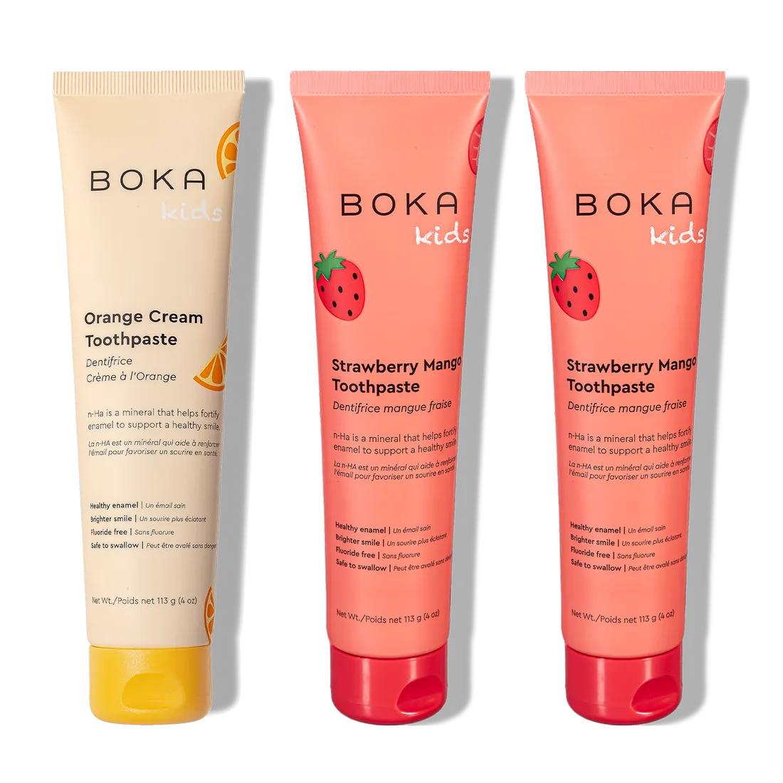 Three tubes of n-Ha Toothpaste Family 3 Pack in fun flavors to support healthy brushing habits.