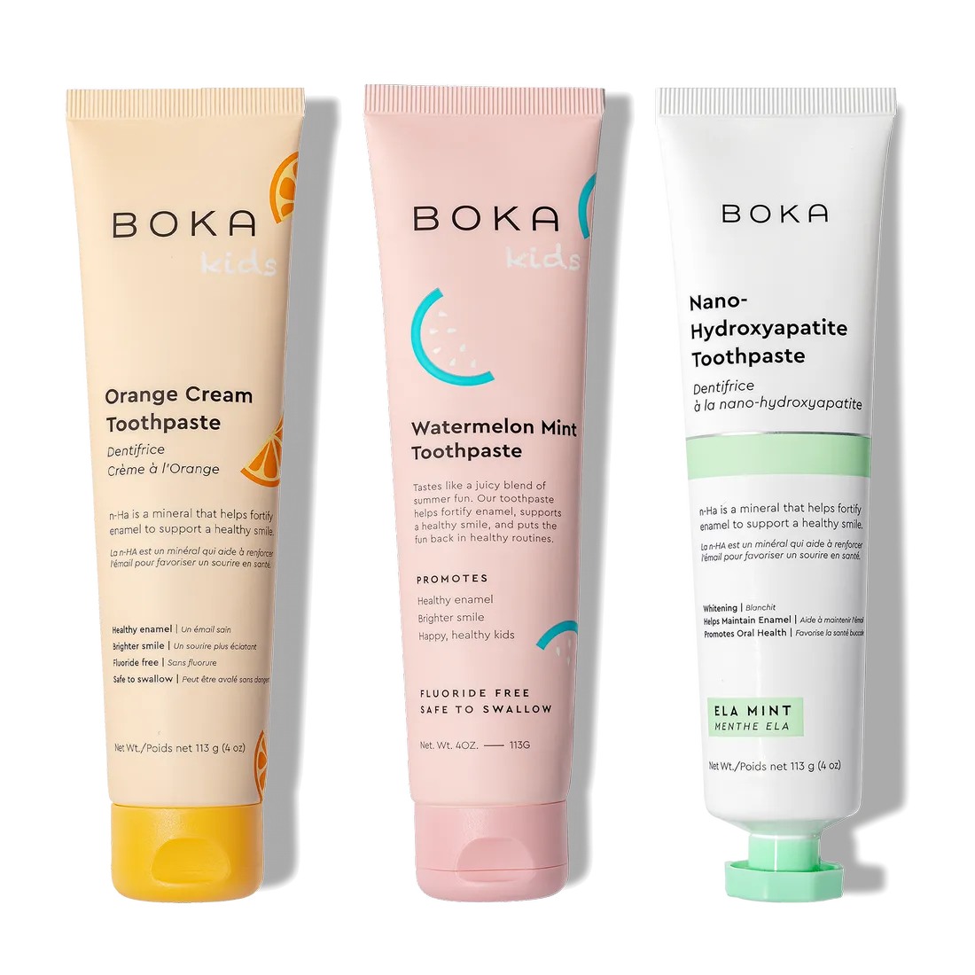 N-Ha Toothpaste Family 3 Pack: kid-approved flavors with nano-hydroxyapatite for healthy brushing.