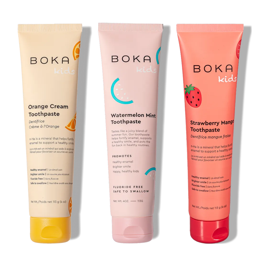 Three tubes of n-Ha Toothpaste Family 3 Pack in fun flavors for healthy brushing habits.