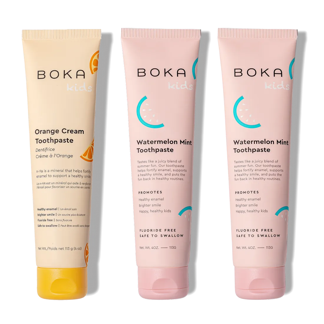 Three tubes of n-Ha Toothpaste Family 3 Pack, great flavors for kids and healthy brushing habits.