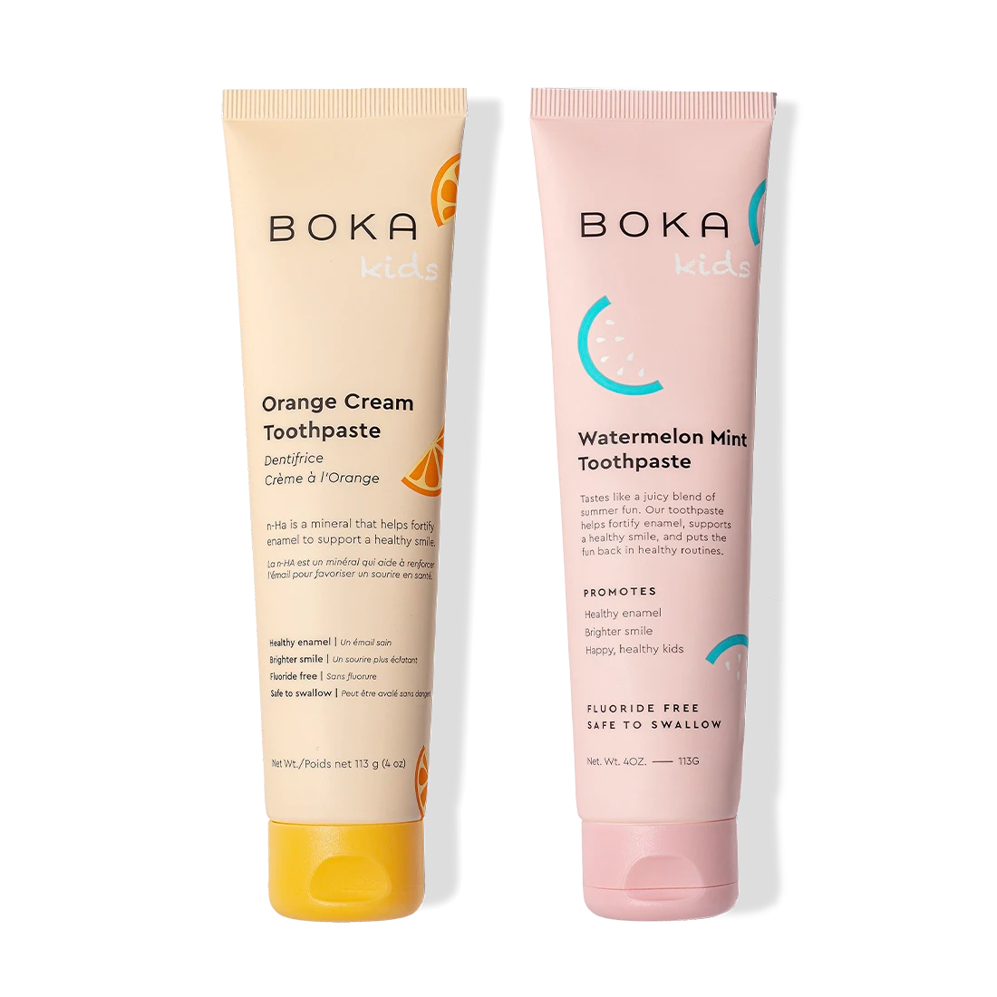 Two n-Ha Toothpaste 2-Pack tubes: Orange Cream & Watermelon Mint, upright and enamel-strengthening.