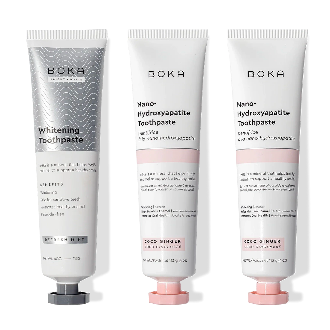 Three-pack Nano (n-Ha) Toothpaste: 1 Refresh Mint, 2 Coco Ginger whitening tubes.