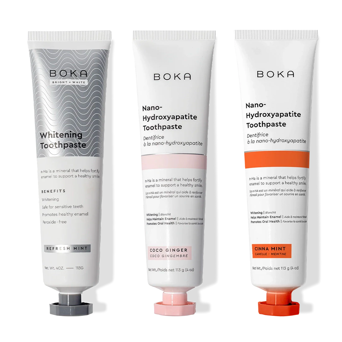 Nano (n-Ha) Toothpaste Whitening 3 Pack: Refresh Mint, Coco Ginger & Cinna Mint flavors.