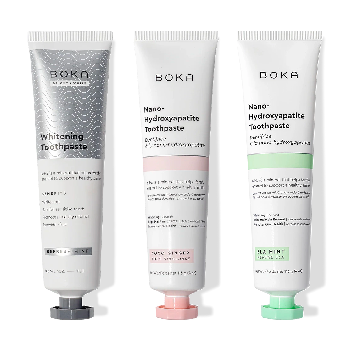 Gallery view - Three Boka Nano (n-Ha) Toothpaste Whitening 3 Packs stand on a white background.