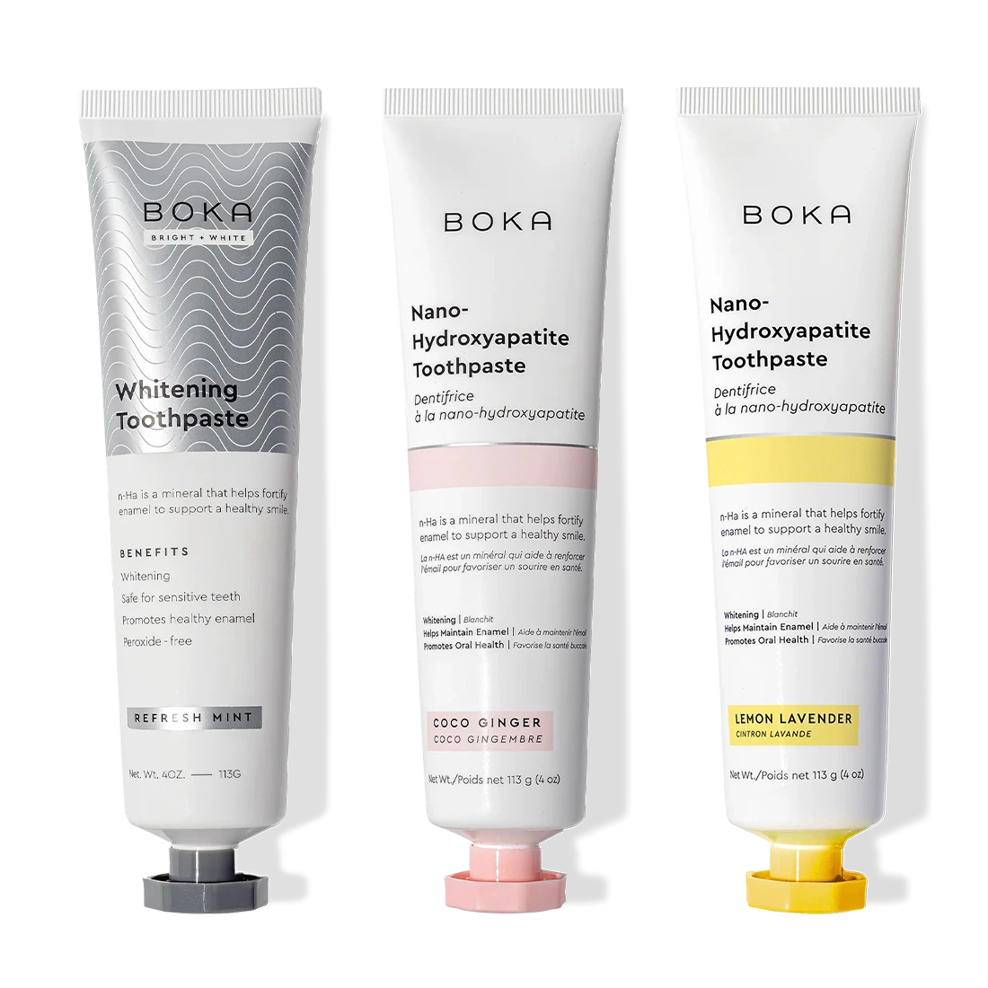Nano (n-Ha) Toothpaste Whitening 3 Pack: Refresh Mint, Coco Ginger & Lemon Lavender flavors.