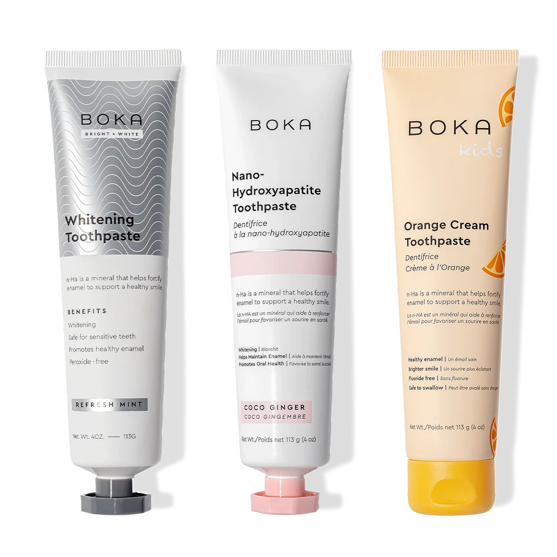 Three Boka Nano (n-Ha) Toothpaste Whitening 3 Pack: Refresh Mint & Kids Orange Cream flavors.