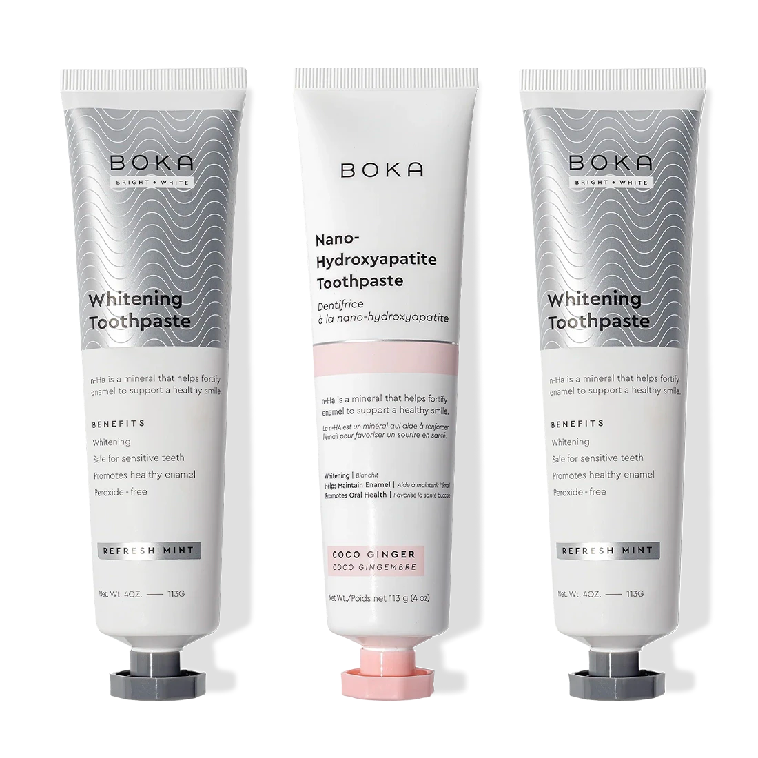 Three tubes of Nano (n-Ha) Toothpaste Whitening 3 Pack—two Refresh Mint, one Coco Ginger.