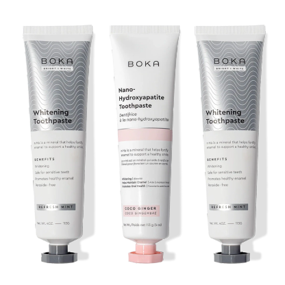 Three tubes of Nano (n-Ha) Toothpaste Whitening 3 Pack—two Refresh Mint, one Coco Ginger.