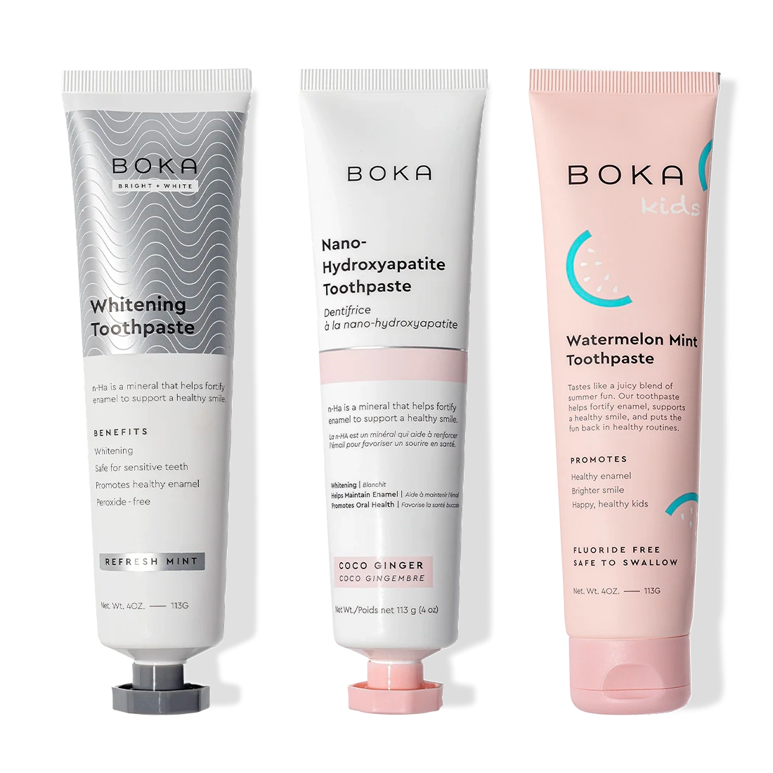 Boka Nano (n-Ha) Toothpaste Whitening 3 Pack: three tubes with Refresh Mint flavor.
