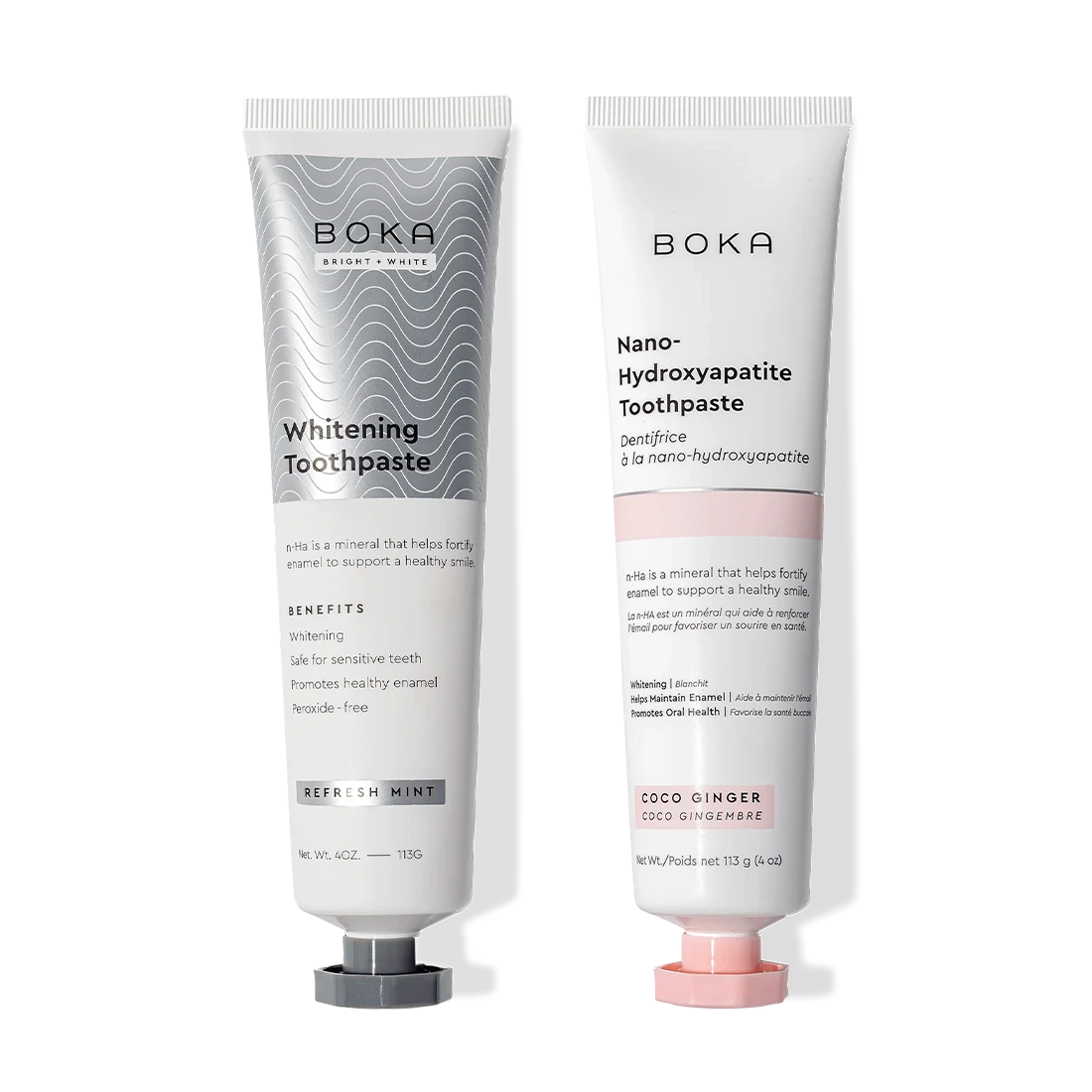 N-Ha Toothpaste 2-Pack to remineralize teeth—includes Whitening and Nano-Hydroxyapatite formulas.