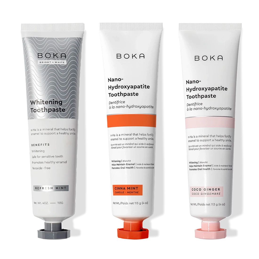 Three-pack Nano (n-Ha) Toothpaste Whitening, including Refresh Mint flavor for enamel protection.