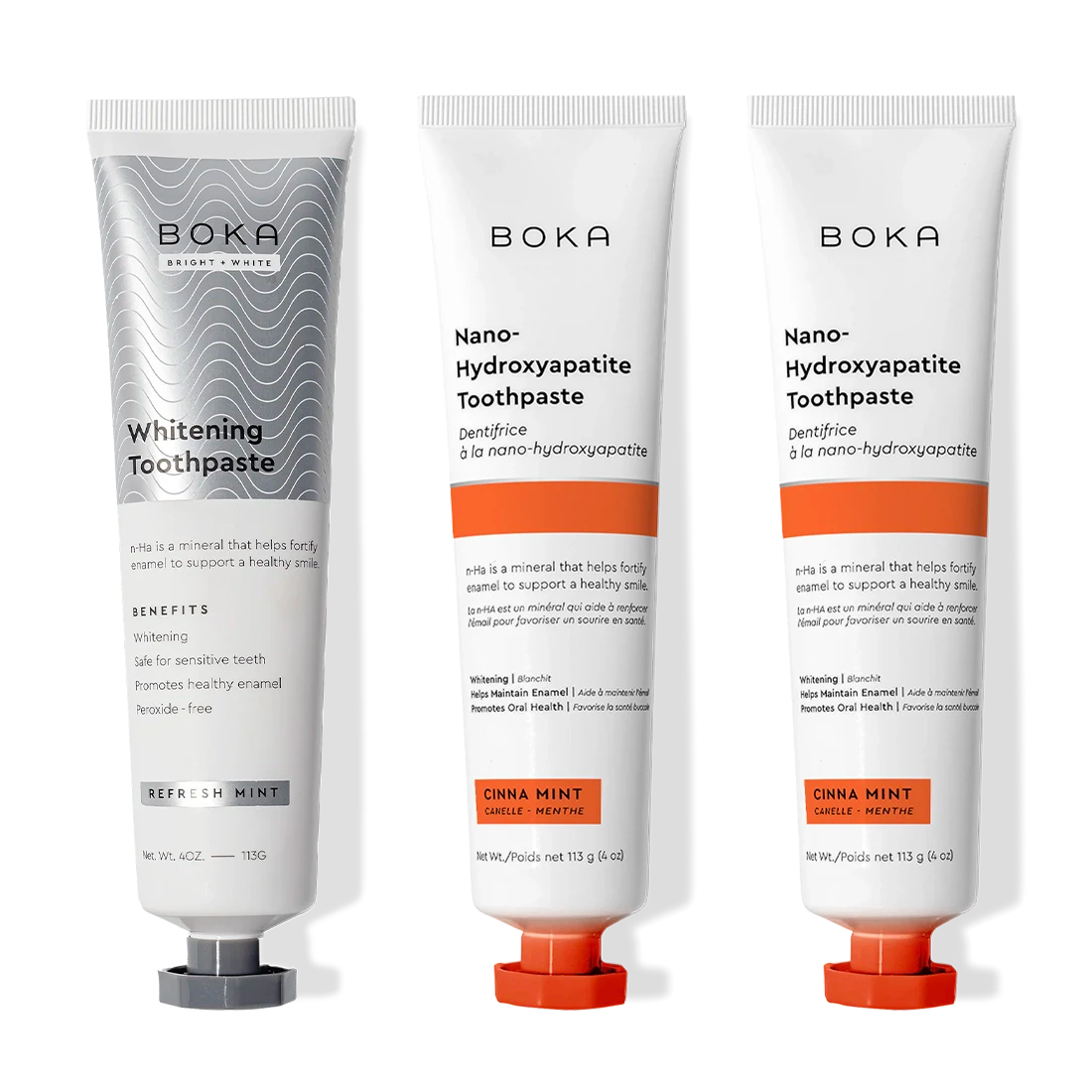 Three tubes of Nano (n-Ha) Toothpaste Whitening 3 Pack, Refresh Mint flavor, on black.