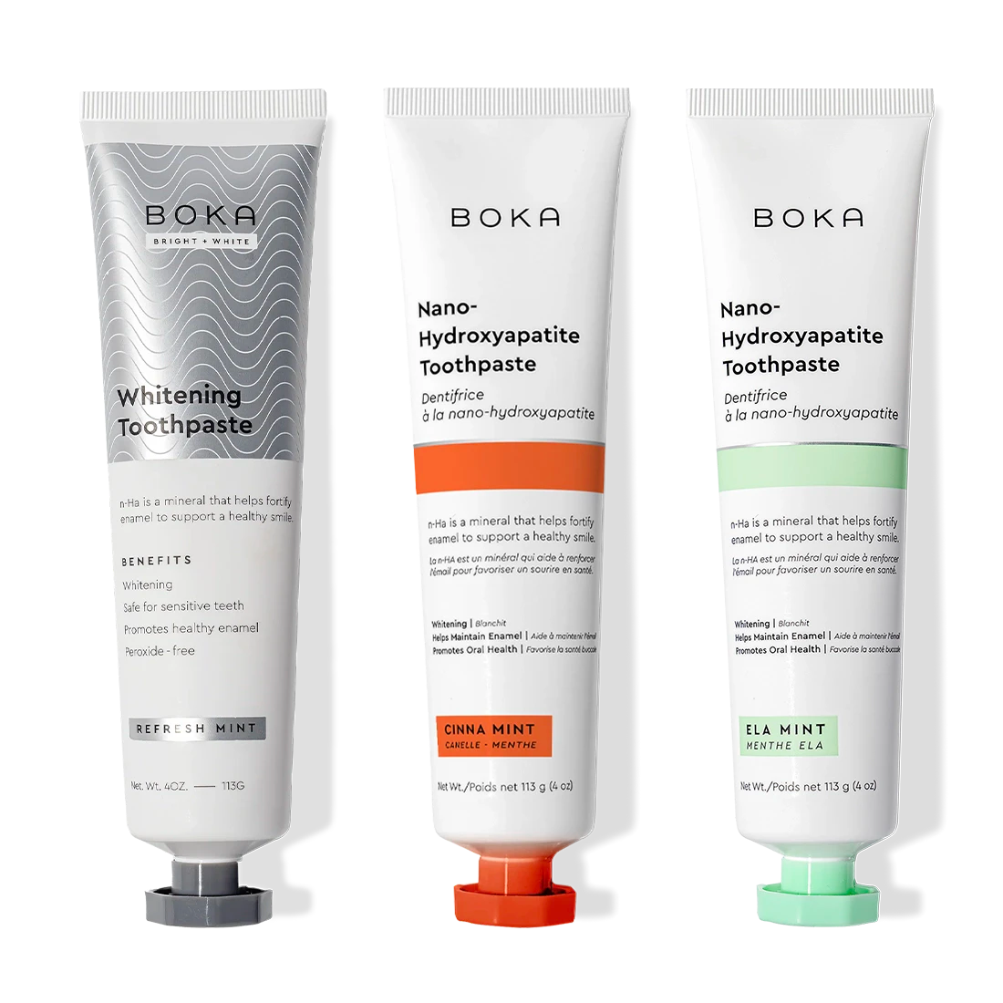 Gallery view - Three-pack of Boka Nano (n-Ha) Toothpaste in Whitening, Cinna Mint, and Refresh Mint flavors.