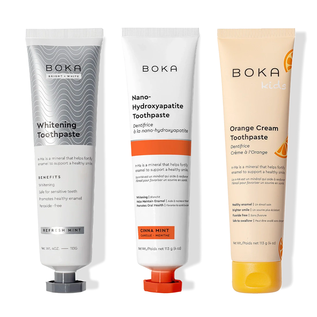 Three-pack Boka Nano (n-Ha) Whitening Toothpaste: peroxide-free and gentle for all ages.