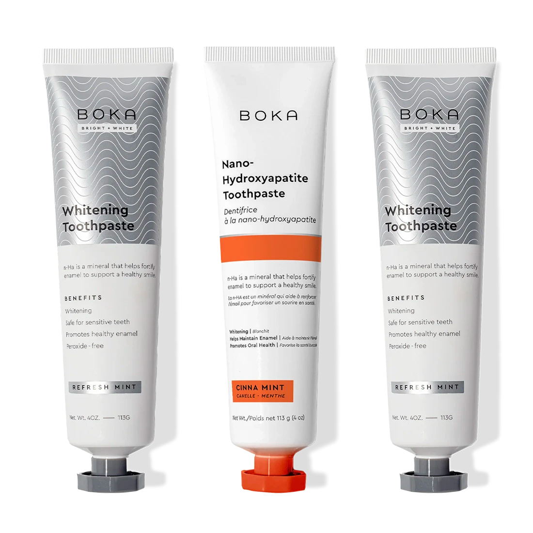 3-pack of Nano (n-Ha) Whitening Toothpaste, peroxide-free with baking soda and nano-hydroxyapatite.