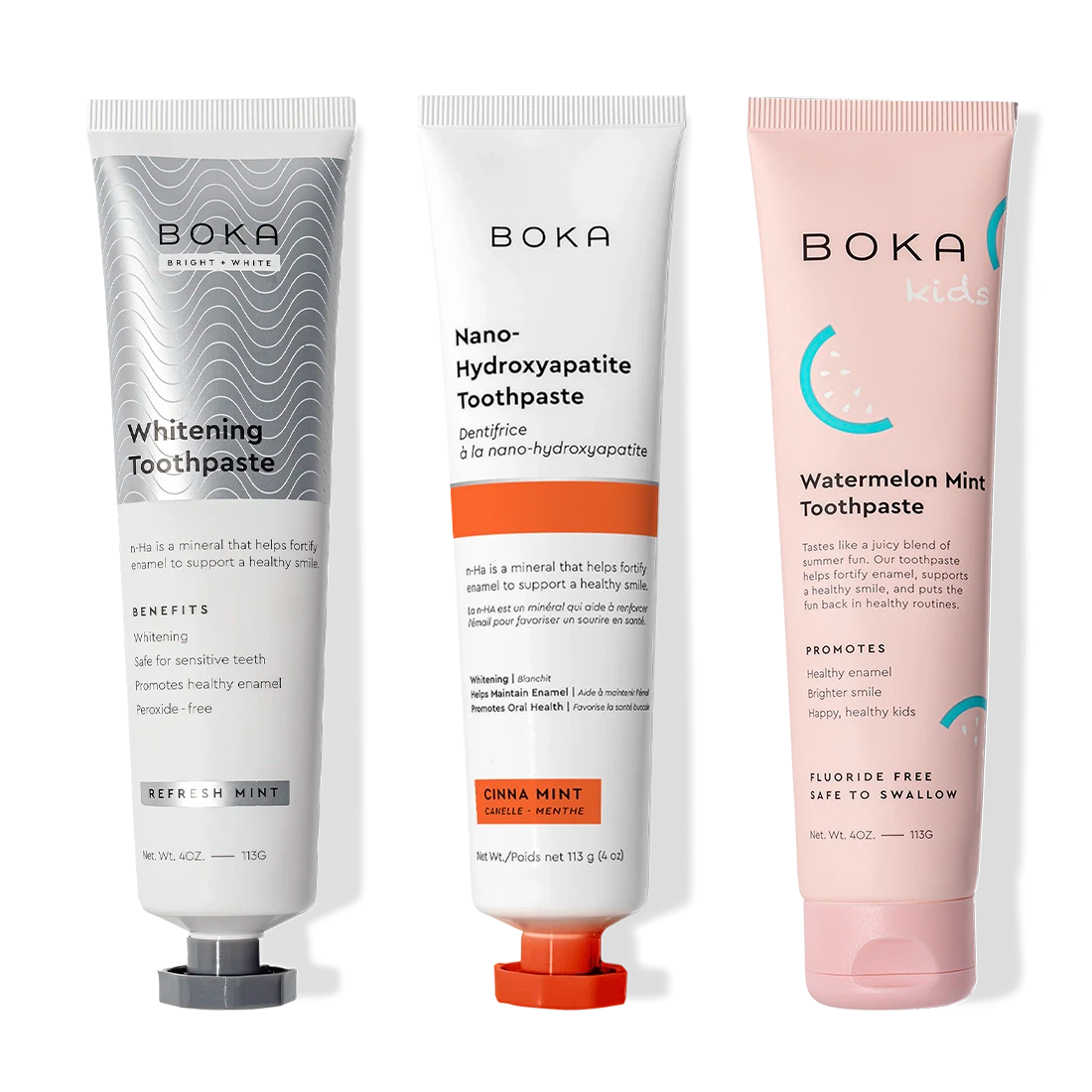 Three Boka Nano (n-Ha) Toothpaste Whitening tubes: peroxide-free, safe for all ages.