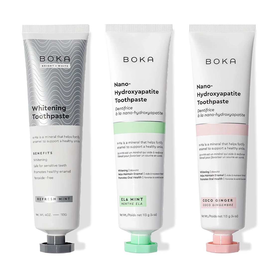 Gallery view - Three Boka Nano (n-Ha) Toothpaste Whitening 3 Pack tubes: Refresh Mint, Ela Mint, Coco Ginger.