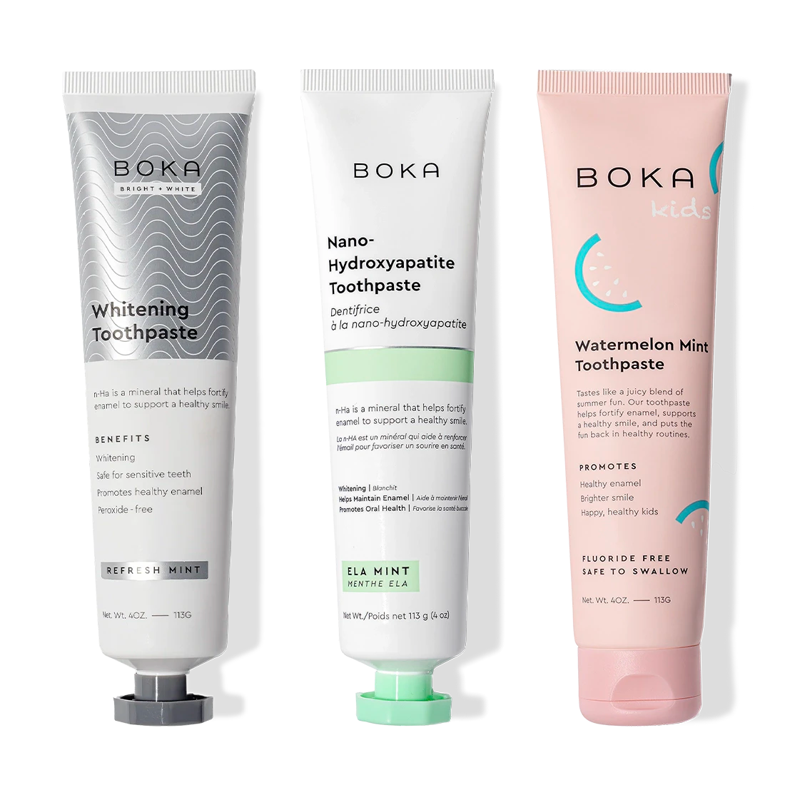 Gallery view - Three-pack of Boka Nano (n-Ha) Toothpaste: Refresh Mint, Watermelon Mint, and Whitening flavors.